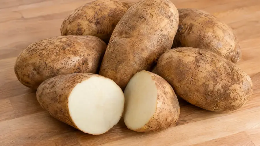 Whole russet potatoes on a wooden counter, one cut in half to show the white flesh.