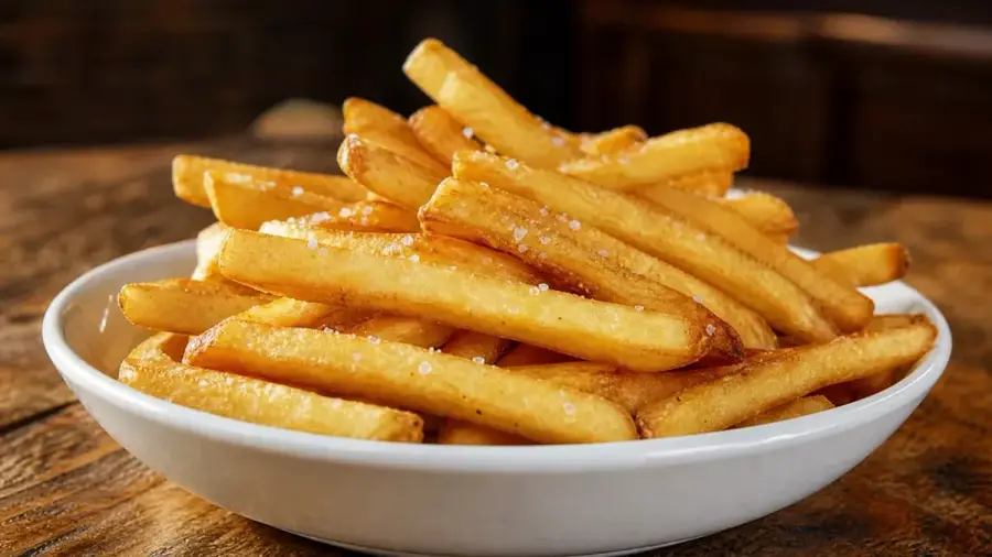 Bowl of golden, crispy french fries sprinkled with salt on a wooden table.