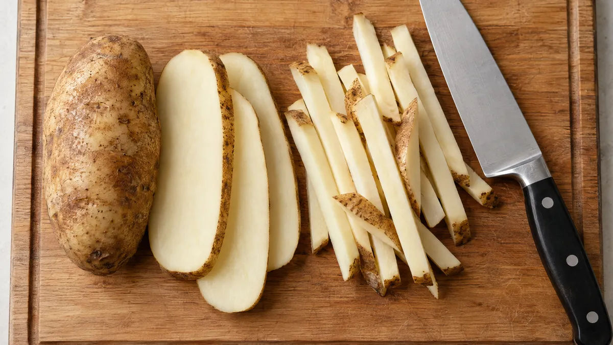 A russet potato sliced lengthwise into slabs and then into even strips on a cutting board, next to a chef's knife.