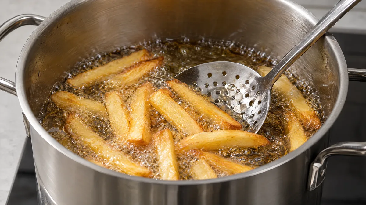 A small batch of fries turning golden in hot oil during the final fry, stirred with a metal slotted spoon.