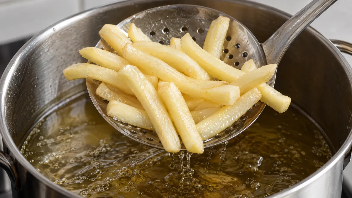 Pale, limp fries lifted out of the oil on a metal slotted spoon after the first fry.
