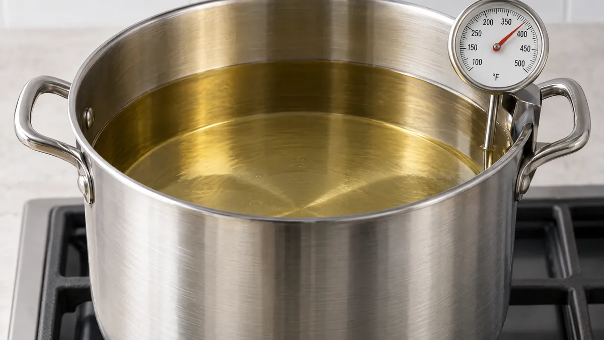 A stainless steel pot of clear frying oil on the stove with a deep-fry thermometer clipped to the rim.