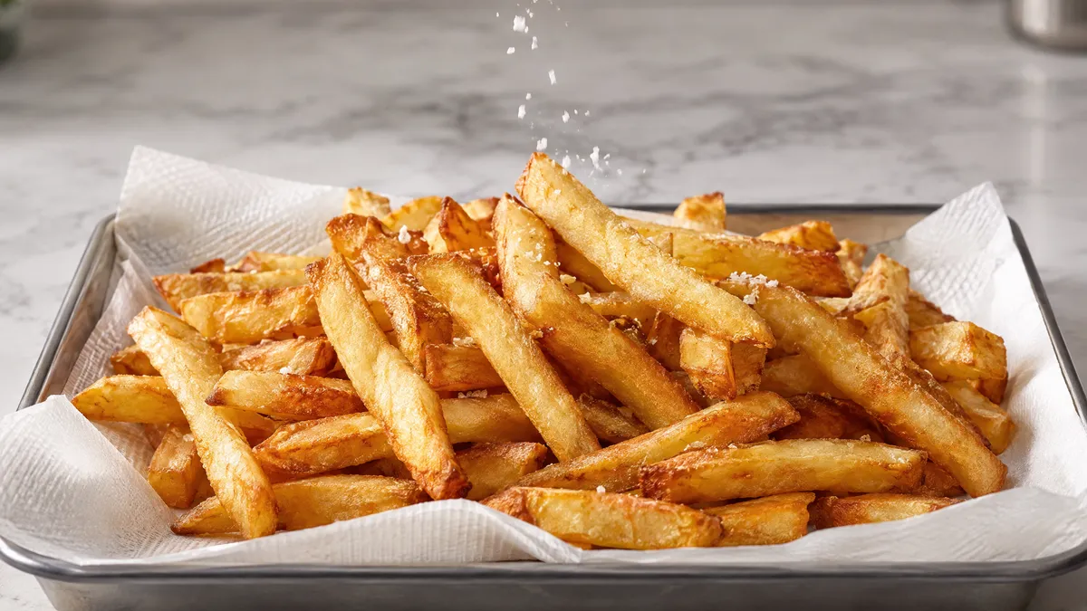 Finished crispy french fries on a paper-towel-lined tray being sprinkled with salt.