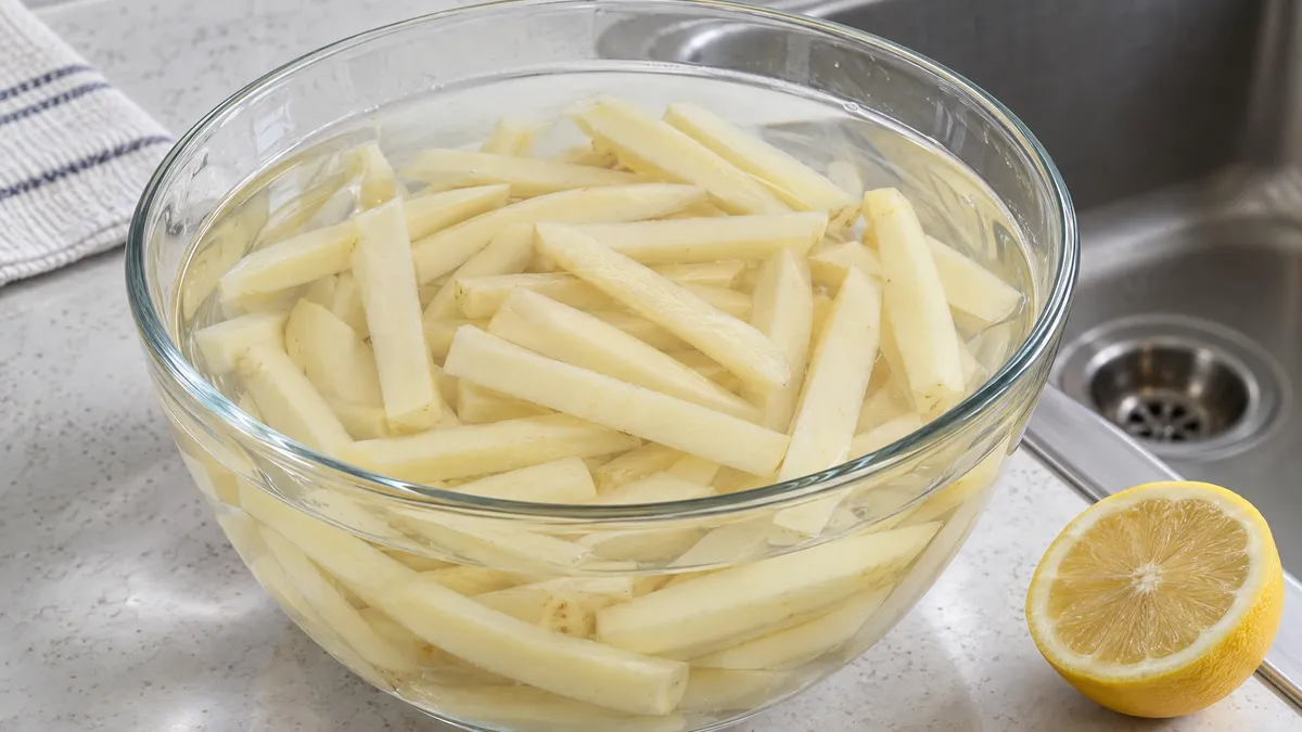 Raw cut fries soaking in a glass bowl of cold water beside a kitchen sink, with half a lemon next to the bowl.