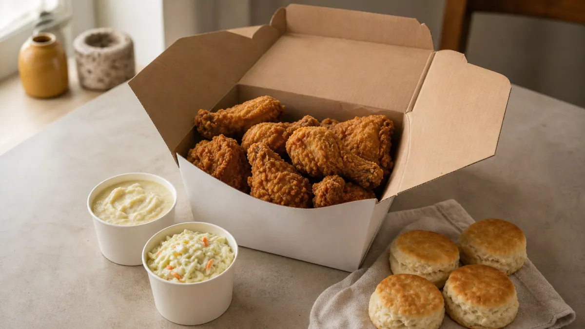 An open box of fried chicken with two side tubs and four biscuits on a table.