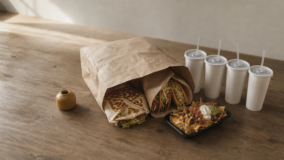 A takeout bag with tacos, a Crunchwrap, nachos and four drink cups beside it.