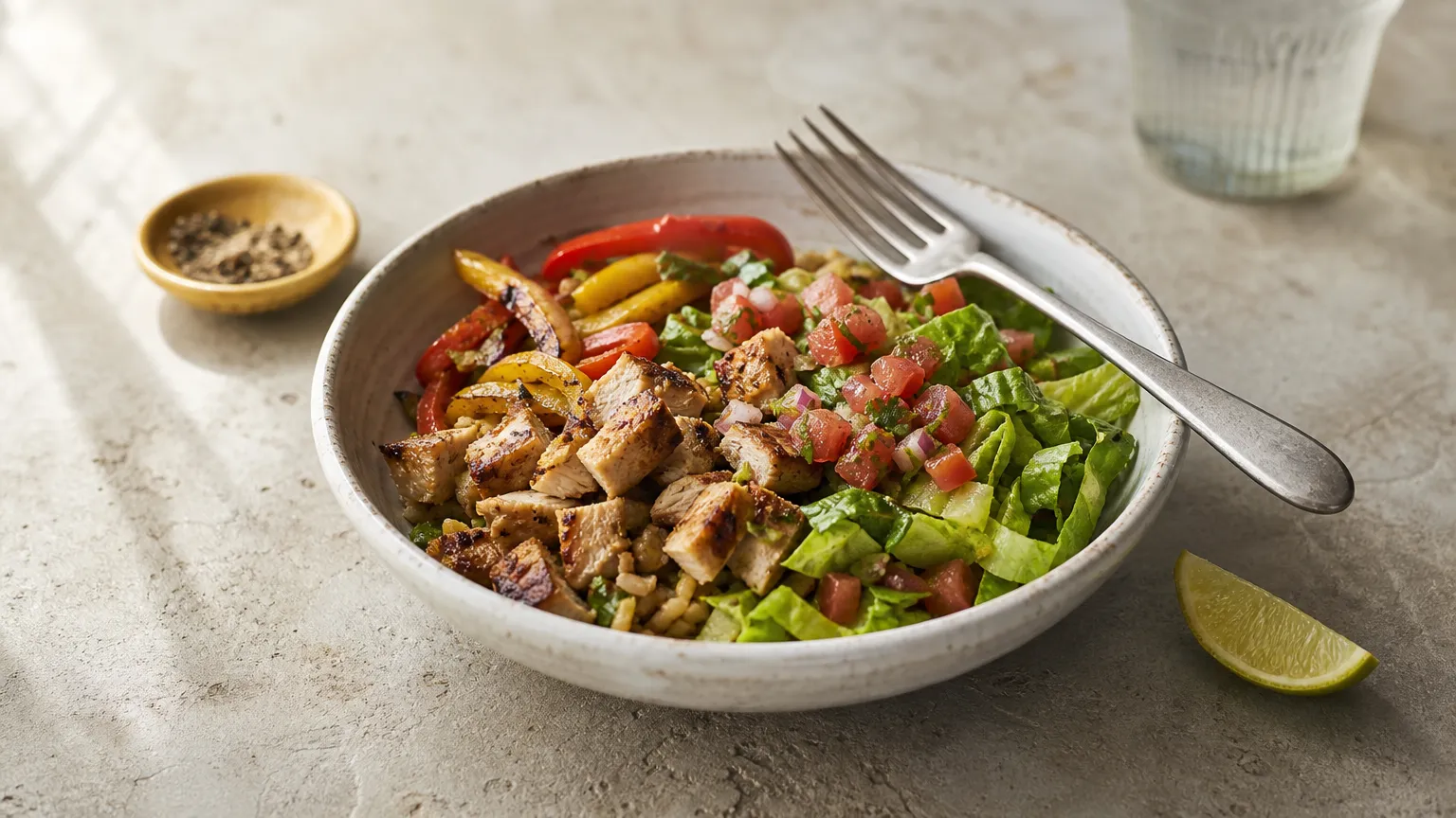 Burrito bowl of grilled chicken, peppers, salsa and romaine with a fork and a lime wedge.