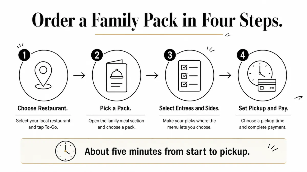 Four-step process showing how to order a to-go family pack, from choosing a restaurant to paying.