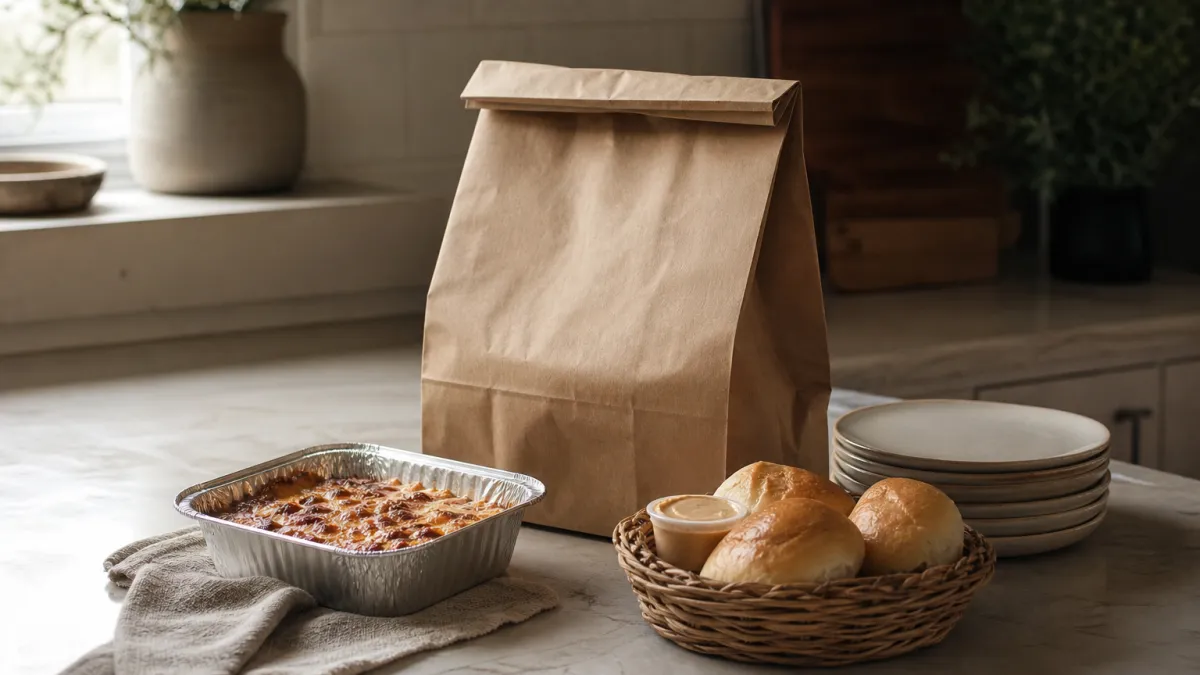 A takeout bag, foil tray, rolls with butter, and plates arranged on a kitchen counter.