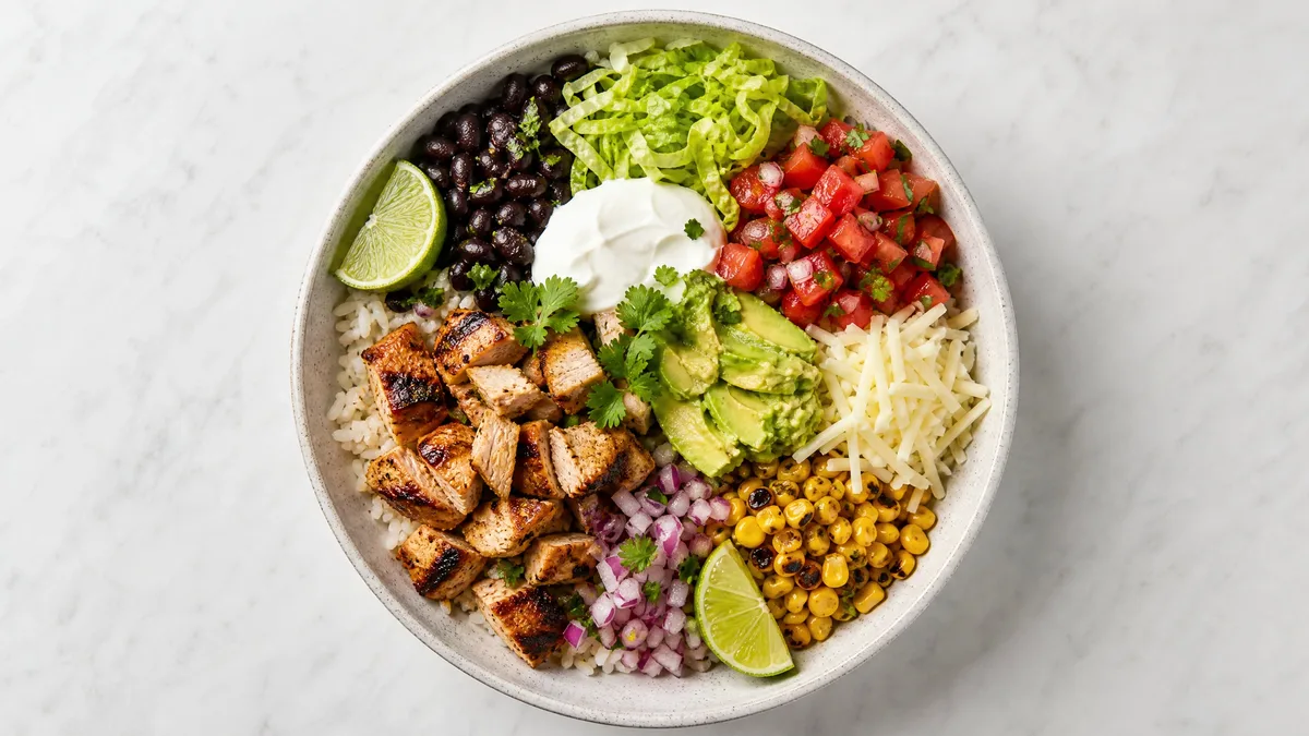 Chipotle bowl with chicken, rice, beans, and salsa