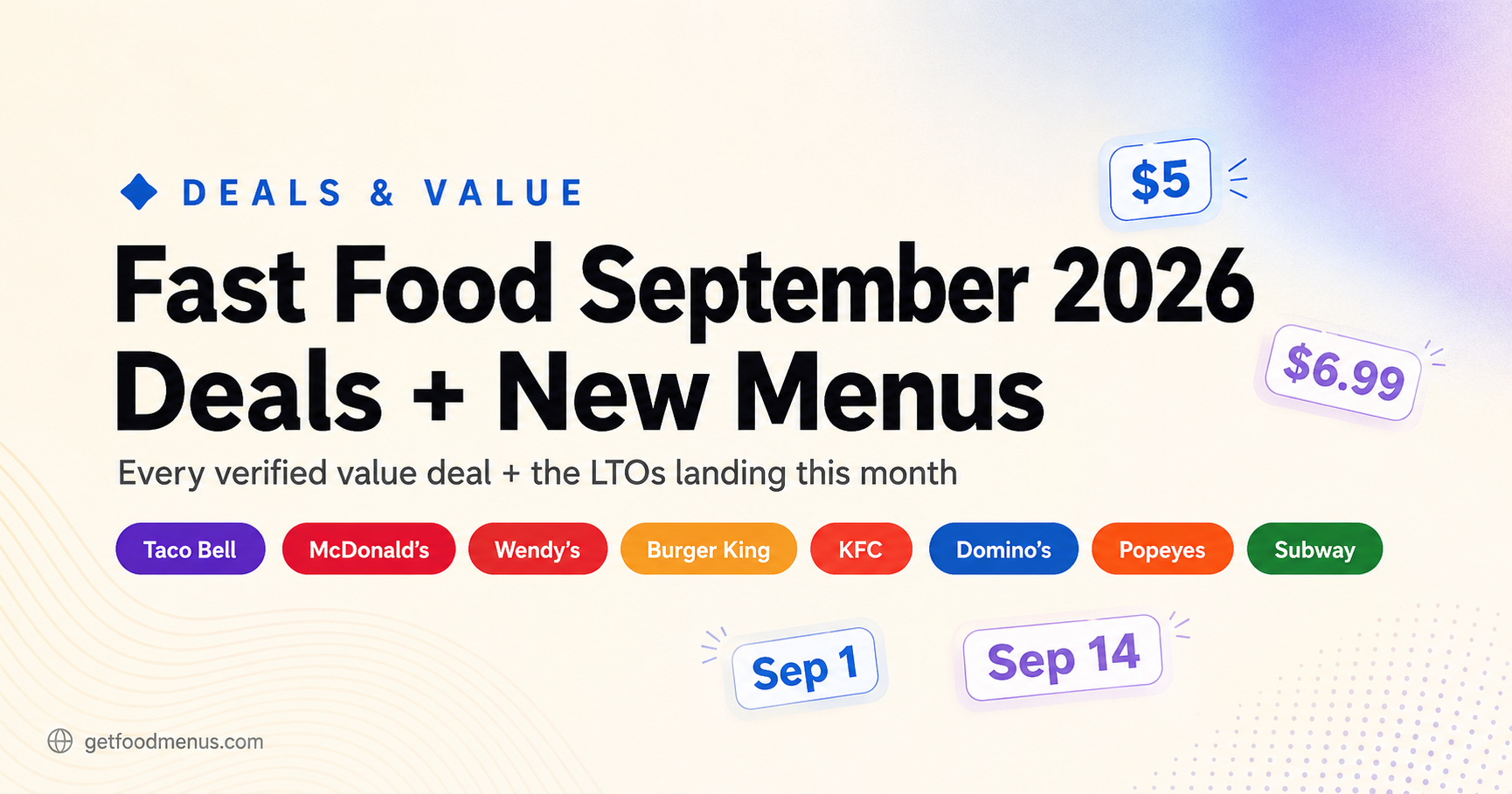 September 2026 fast food deals guide: Taco Bell, McDonald's, Wendy's, Burger King, KFC, Domino's and Popeyes value menus plus new LTOs