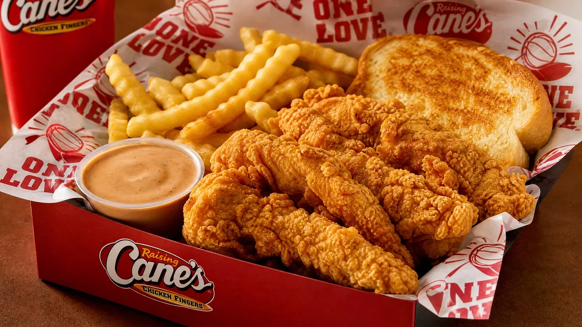 Raising Cane's box combo with chicken fingers, crinkle fries, and toast